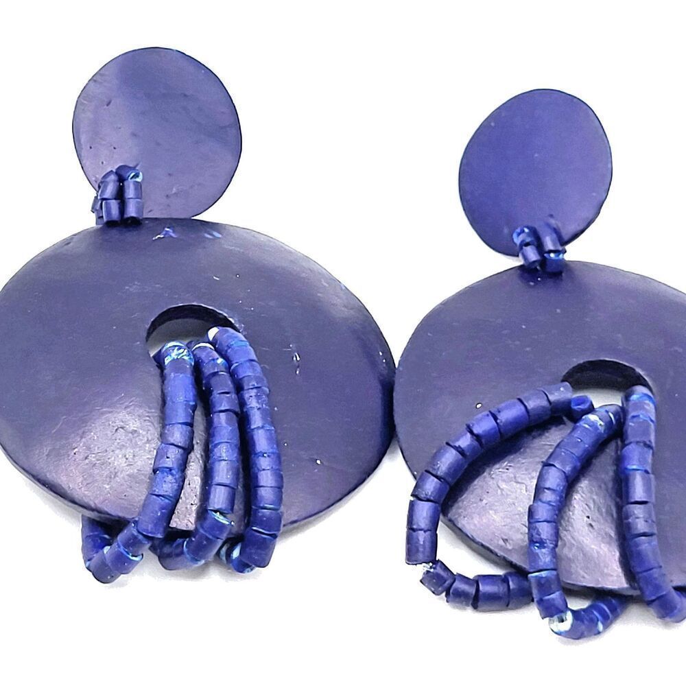 Vintage 70s Dyed Navy Blue Coconut Shell Earrings Bohemian 3in